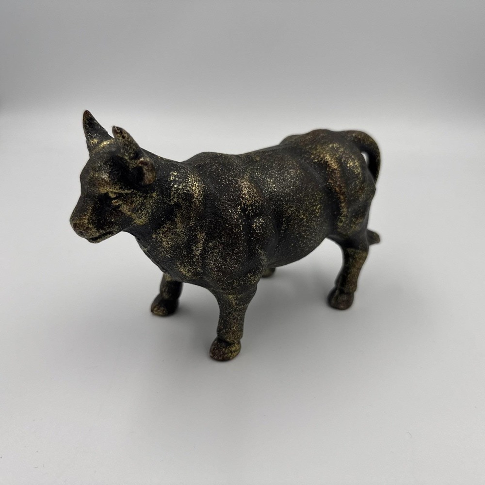 Vtg Heavy Solid Cast Iron Bronzed Horned Bull Statue Figurine Sculpture